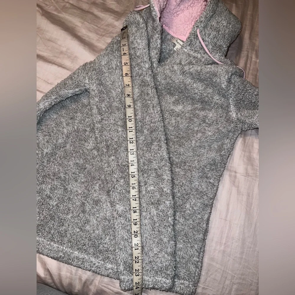 Francesca’s Cozy Fuzzy Pajama Lounge Set Grey Pink Pom Pom Hoodie Size M/S